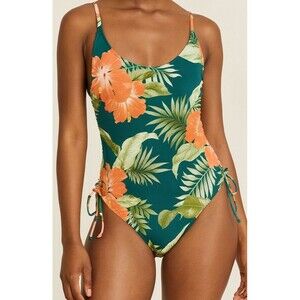 Kona Sol NEW Swimsuit Women's Medium 8-10 Tropical Print Ruched Sides Adjustable
